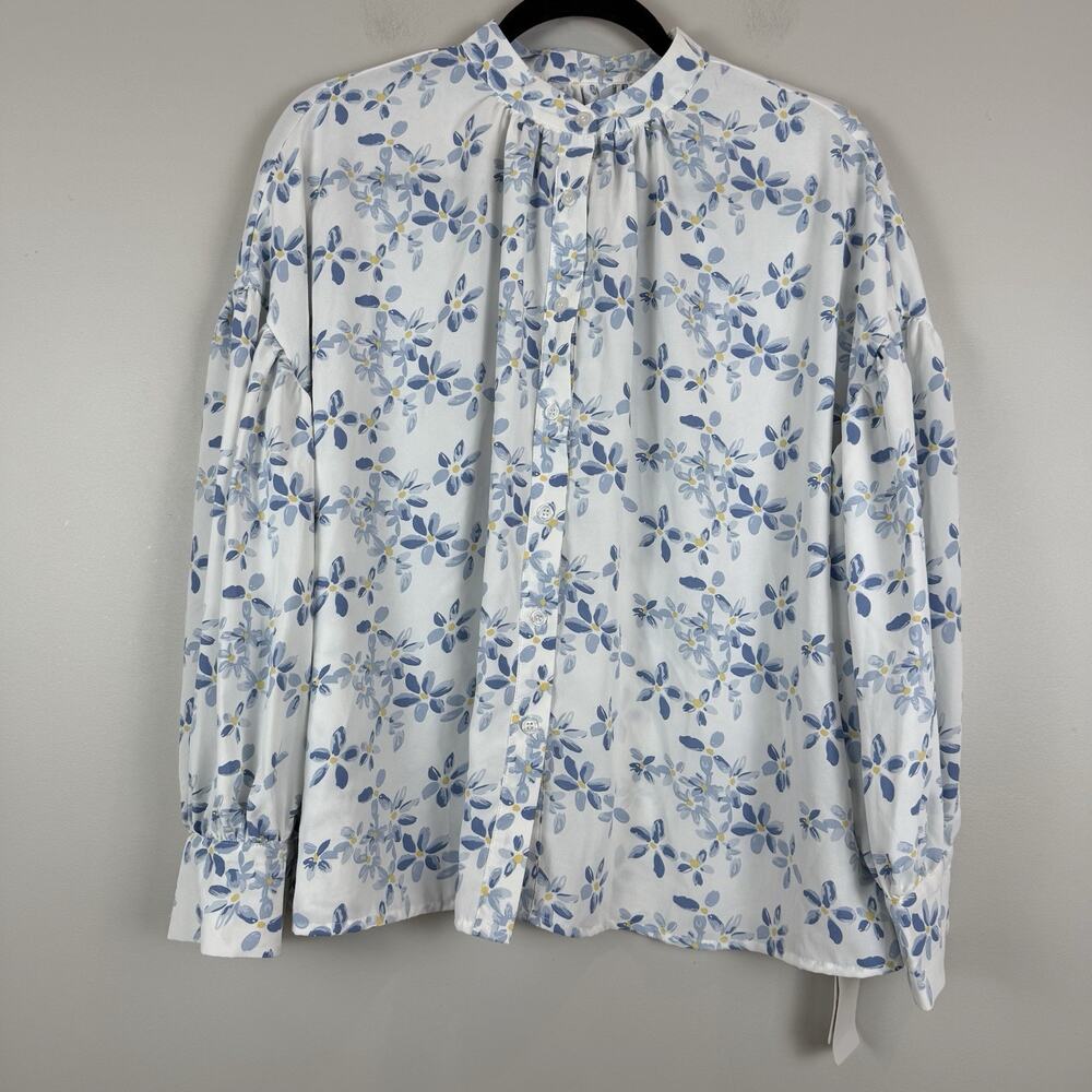 Dazy Floral Top Women Small White Blue Long Peasant Sleeve Button Up Cottagecore
